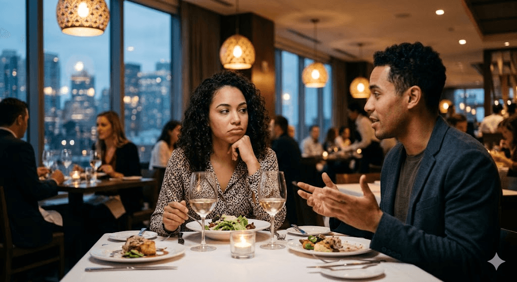 Woman on a date and questioning her decisions