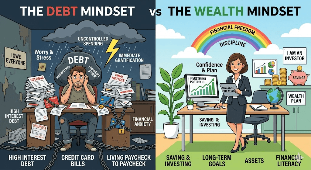 The Debt Mindset vs The Wealth Mindset - illustrated comparison showing debt stress on left and wealth building confidence on right