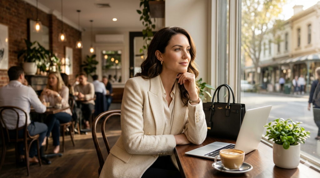 A professional woman in a white blazer sitting at a cafe with a laptop and coffee, illustrating the "overqualified heart" and the balance of beauty and brains.