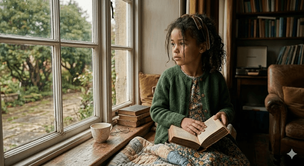 A young girl with curly hair sits by a rain-streaked window reading a book, surrounded by stacked books and a cosy home library setting, illustrating the thoughtful nature of a child with an old soul