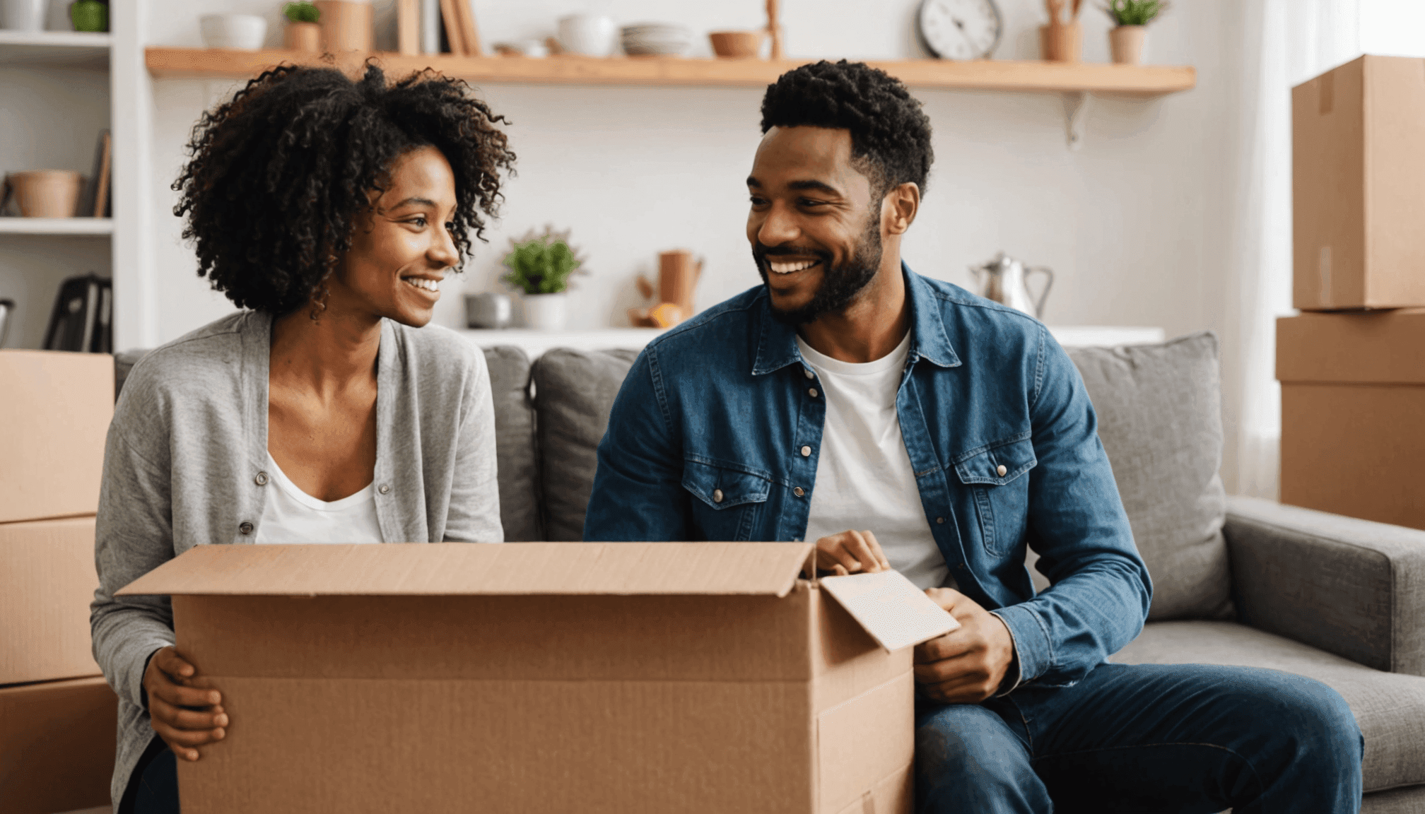 A person smiling while moving boxes, representing navigating life's transitions and new phases.