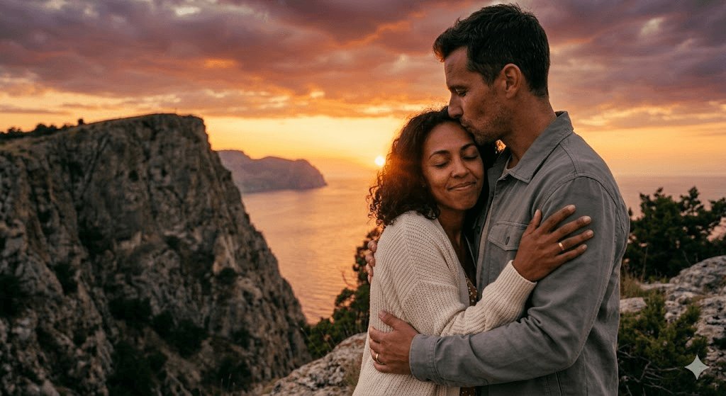 Couple embracing at sunset on a mountain cliff overlooking the ocean - signs of a healthy relationship