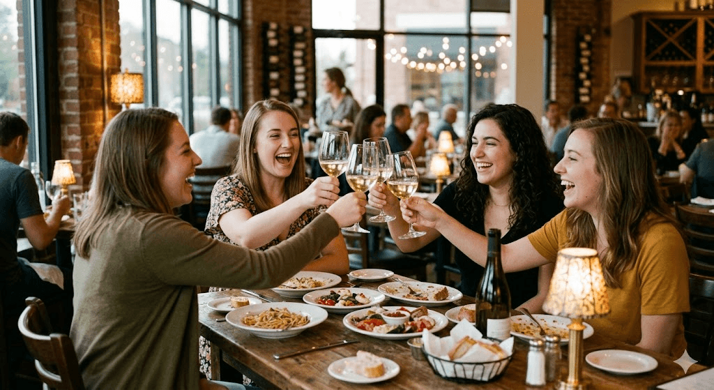 Four women friends laughing and toasting with wine glasses at a restaurant dinner