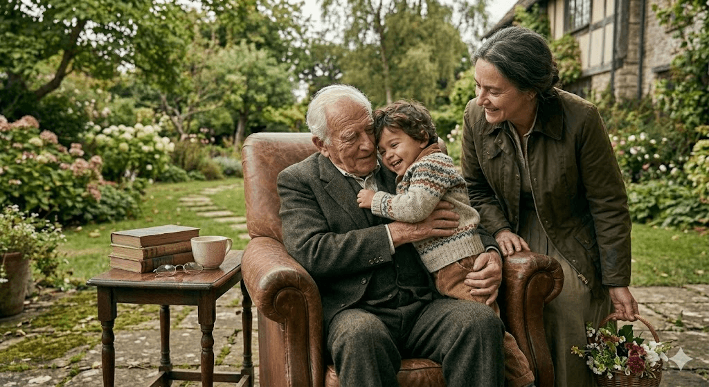 Grandfather sitting with grandchild in garden while family member looks on smiling