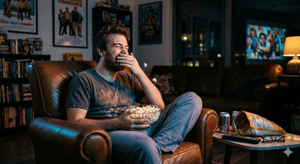 man laughing watching movie at home with popcorn - self-care and relaxation