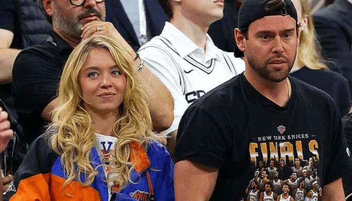 Sydney Sweeney and Scooter Braun at New York Knicks NBA Playoffs game 2025