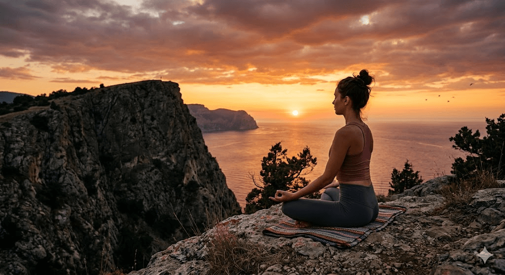 Woman meditating at sunset on a mountain - what happens when you slow down