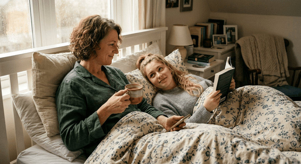 Two women relaxing on a bed, illustrating unexpected feelings for a sister's boyfriend