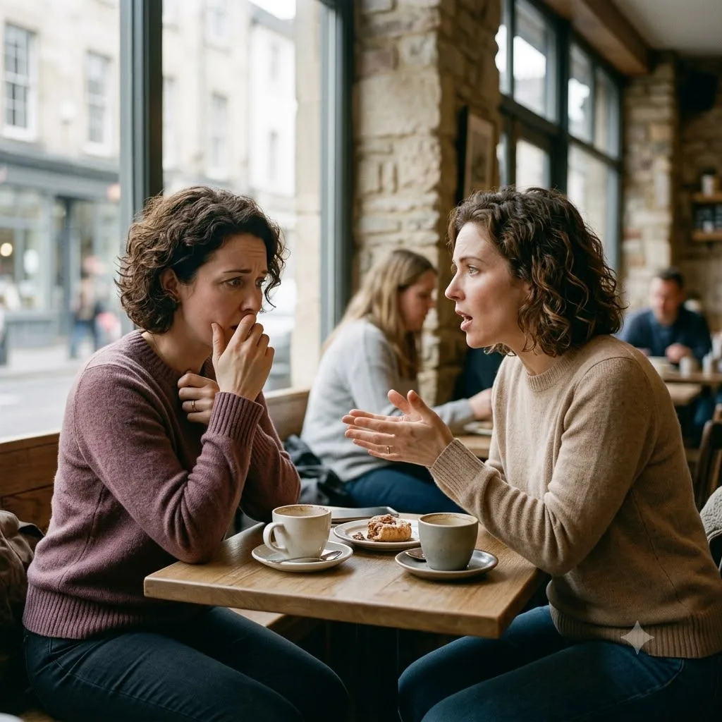 Two friends having a tense conversation in a cafe, illustrating how political differences over figures like Elon Musk can strain friendships