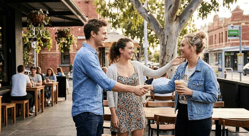 Friends greeting a man at an outdoor cafe while a woman gives dating advice