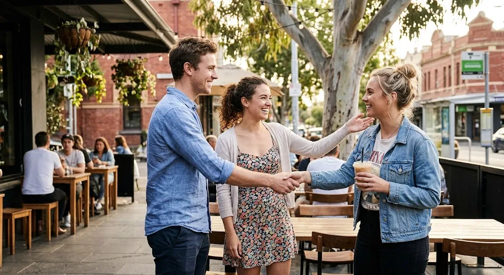 Friends greeting a man at an outdoor cafe while a woman gives dating advice