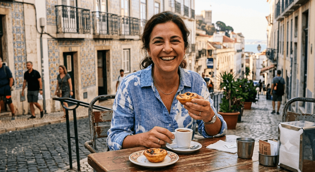 Woman enjoying coffee and Portuguese custard tarts at a Lisbon cafe on a relaxing holiday reset