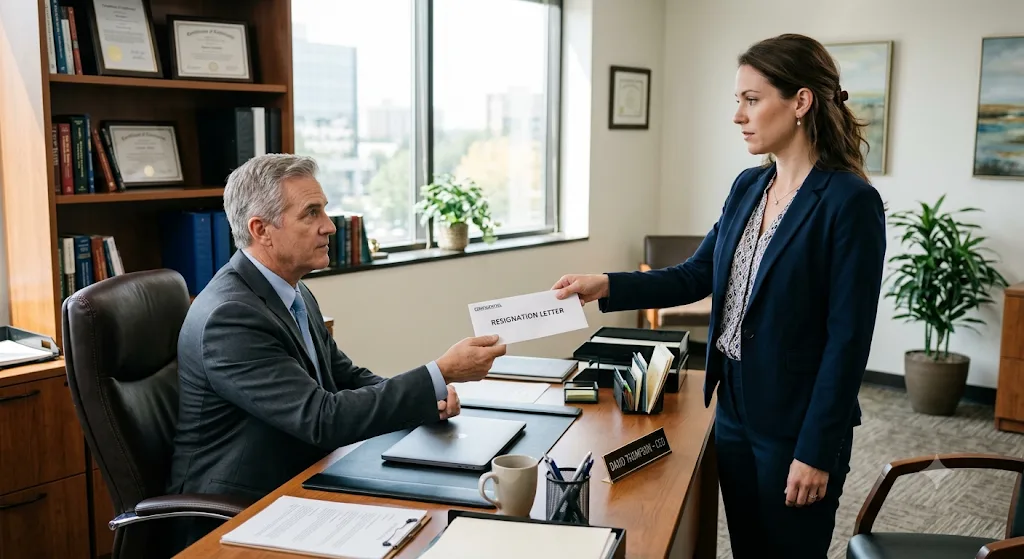 When your work wife resigns, an employee hands a resignation letter to a manager in an office